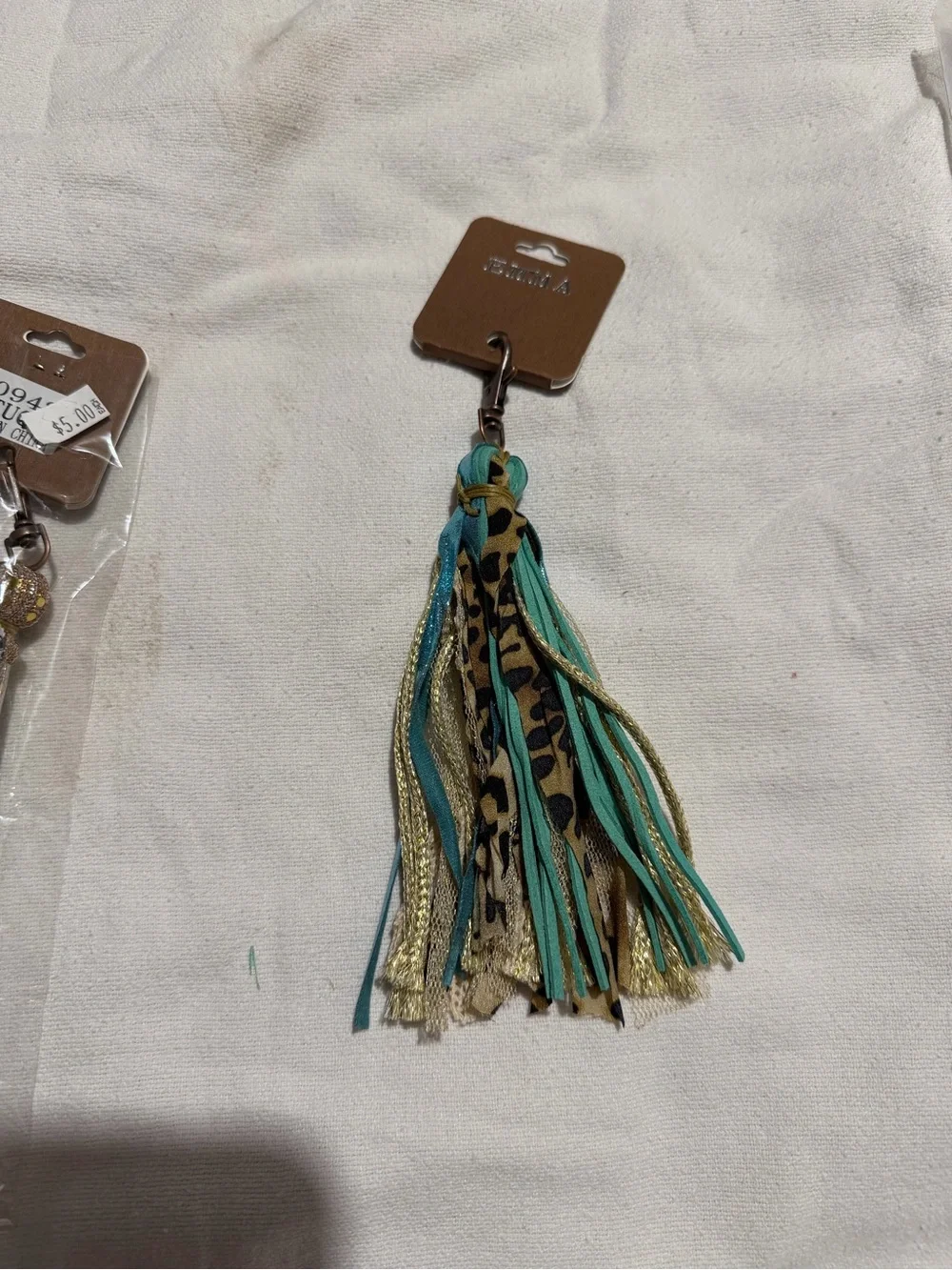Leopard & Turquoise Tassel Keychain with Gold Accents